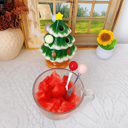 Christmas Fruit Fork Set with Jar- 6pcs Christmas Forks Xmas Creative Tableware Stainless Steel Forks for Fruit Cake Dessert Fork Xmas Decoration Gift for Hostess Instagram-Ready Tableware