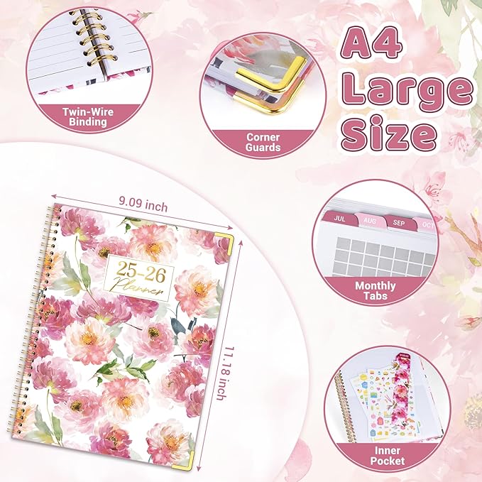 Academic Planner 2025-2026, 8.5" x 11", Weekly & Monthly Planner from JUL.2025 to JUN.2026, Column View Calendar Organizers, Spiral Hardcover Agenda Book with Tabs for Office School Supplies, Floral