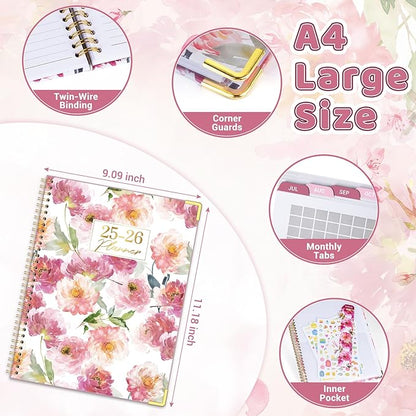 Academic Planner 2025-2026, 8.5" x 11", Weekly & Monthly Planner from JUL.2025 to JUN.2026, Column View Calendar Organizers, Spiral Hardcover Agenda Book with Tabs for Office School Supplies, Floral