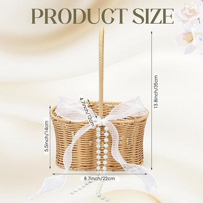 1 Pcs Wicker Rattan Flower Girl Basket with Bows and Pearl 11.8x8.7x5.1 Inches Rustic Wedding Basket for Flower Girl, Hand Woven Willow Storage for Ceremonies Home Decoration (Waisted)