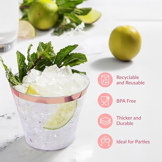Prestee 100 Rose Gold Plastic Cups - Rose Gold Plastic Cups 9 oz - Party Decorations - Disposable Wine Cup - Clear Cup - Bulk Party Wine Glasses