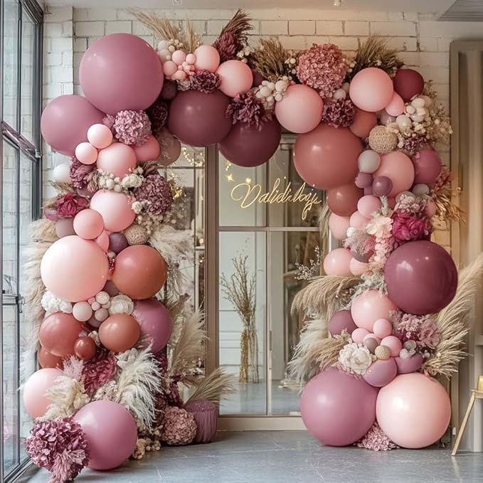 Dusty Rose Pink Balloon Garland Arch - Double Stuffed Dark Pink Balloons For Boho Birthday Baby Shower Thanksgiving Bridal Shower Wedding Party Decorations