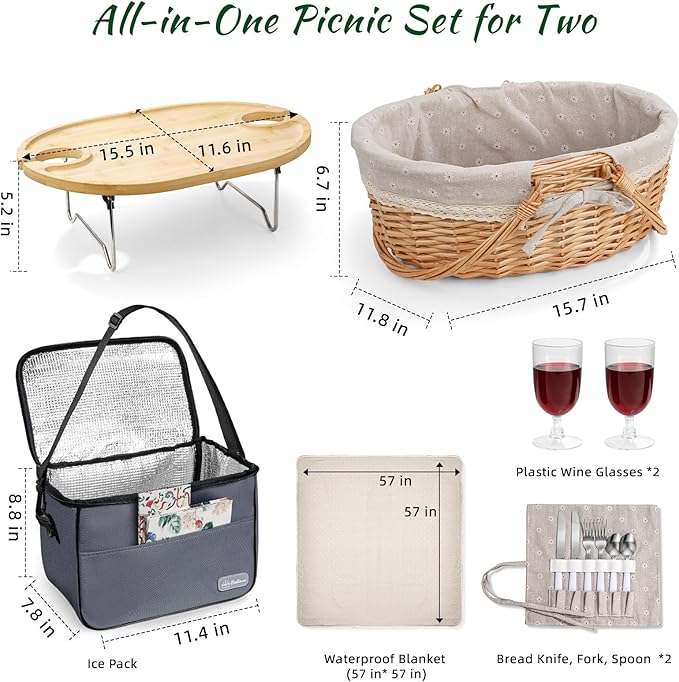 Picnic Basket for 2 with Table and Blanket, Collapsible Cooler Bag Insulated, Picnic Set for Beach Picnic Hamper Picnic Date Essentials for Outdoor Picnic Accessories Bridal Shower Gift
