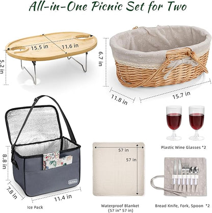 Picnic Basket for 2 with Table and Blanket, Collapsible Cooler Bag Insulated, Picnic Set for Beach Picnic Hamper Picnic Date Essentials for Outdoor Picnic Accessories Bridal Shower Gift