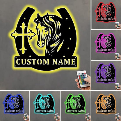 Personalized Name Horse Lamp Custom Wooden/Metal Horse Night Light Horse Wall Art LED Horse Light Farmhouse House Sign Horse Themed Gifts for Girl Birthday Christmas(Cross Horse Sign)