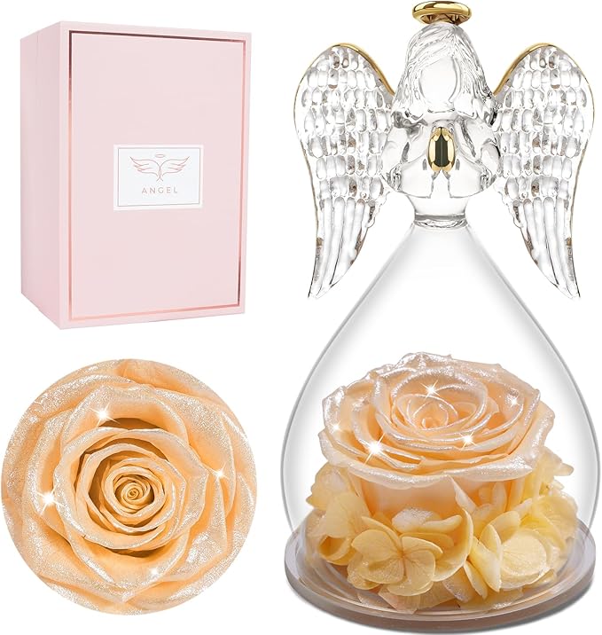 Miofula Preserved Flower Rose Birthday Gifts for Mom, Angels Figurines with Forever Real Rose Gifts for Women Mom Grandma, Angels Gifts for Valentines Anniversary Mothers Day (Pearlescent Champagne)