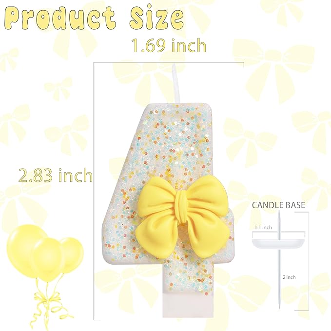 Birthday Candle for Cake, Yellow Bow Cake Candles, Cake Topper Decoration for Birthday Party (Number 4)
