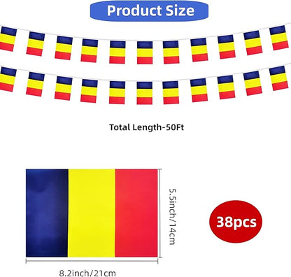 Romania Small String Flags, 50 Feet 38 Pcs Romanian Pennant Banner Bunting Flags, Patriotic Events, Independence Day, Country Festival, Commemoration, Decorations (Romania)