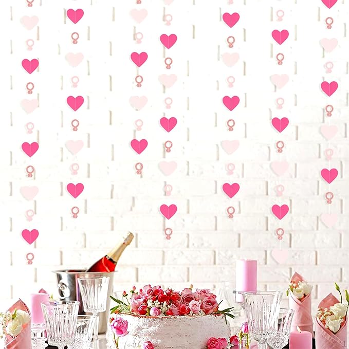 Hot-Pink Rose Gold Heart-Ring Garland - 52Ft Engagement Bachelorette Party Decorations Wedding Paper Streamers Banner, Galentines Proposal Decor Lasting Surprise