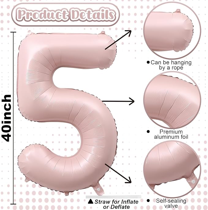 Light Pink Number Balloon 5, 40 Inch Large Self Inflating 5 Foil Number Balloons 0-9, Blush Pastel Pink Digital 5 Helium Balloon for Girls Women 5th Birthday Party Graduation Anniversary Decorations