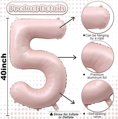 Light Pink Number Balloon 5, 40 Inch Large Self Inflating 5 Foil Number Balloons 0-9, Blush Pastel Pink Digital 5 Helium Balloon for Girls Women 5th Birthday Party Graduation Anniversary Decorations