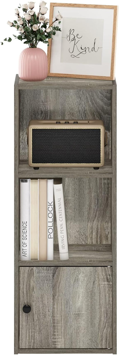 Furinno LUDER Book Shelf, 3-Tier Modern Bookshelf, Bookcase with 1 Door Storage Cabinet, 9.3 x 12 x 31.5, for Living Room, Bedroom, Home Office, French Oak