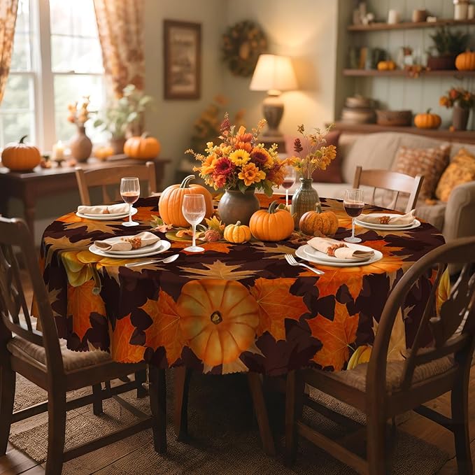 Eikione 60In Round Tablecloth, Pumpkin Table Cloth, Black Checkered Tablecloth Pumpkin Thanksgiving Day Tablecovers