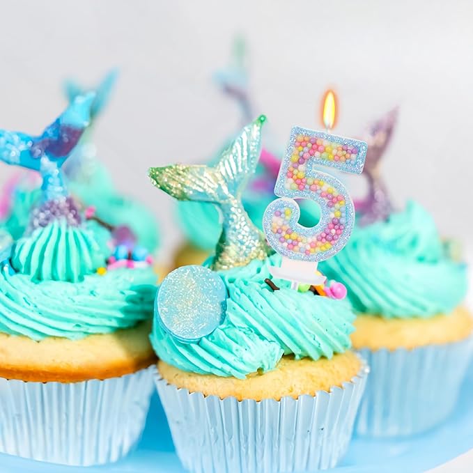 Birthday Candles - Number 5 Candle, Colorful Macaron Candles for Boys/Girls, Blue Cake Decorations, Blue Birthday Decorations