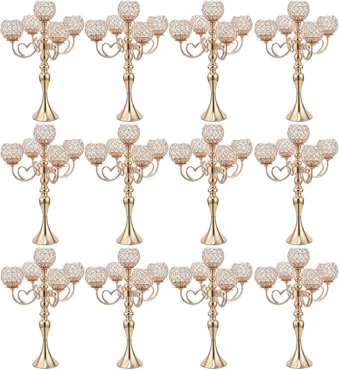 12 Sets Gold 5 Arms Candelabra Centerpiece for Wedding,Metal Crystal Candlestick Holders Chandelier Crystal Beaded Candle Holder for Table Decoration Party Dinner Formal Event