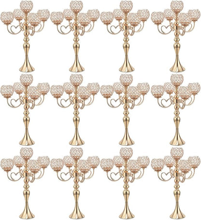 12 Sets Gold 5 Arms Candelabra Centerpiece for Wedding,Metal Crystal Candlestick Holders Chandelier Crystal Beaded Candle Holder for Table Decoration Party Dinner Formal Event