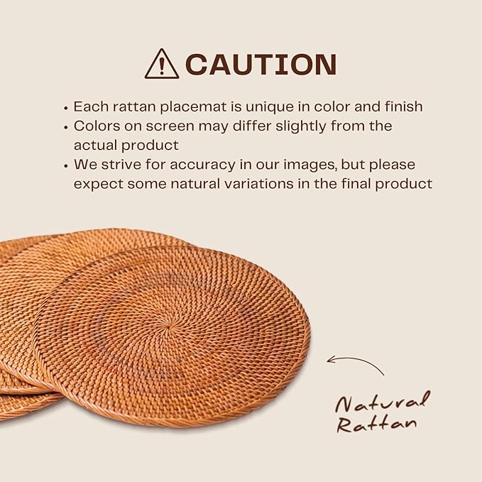2-Pack Rattan Placemats - 13-inch Round Placemats (Honey Brown) - Woven Place Mats, Round Table Mats - Wicker Chargers for Dinner Plates, Plate Chargers Boho - Rattan Decor, Kitchen Table Decor