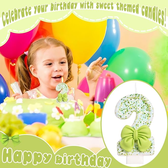 Birthday Candle for Cake, Green Bow Number Cake Candles, 2.76 inch Cake Topper Decoration for Birthday Party (Number 2)