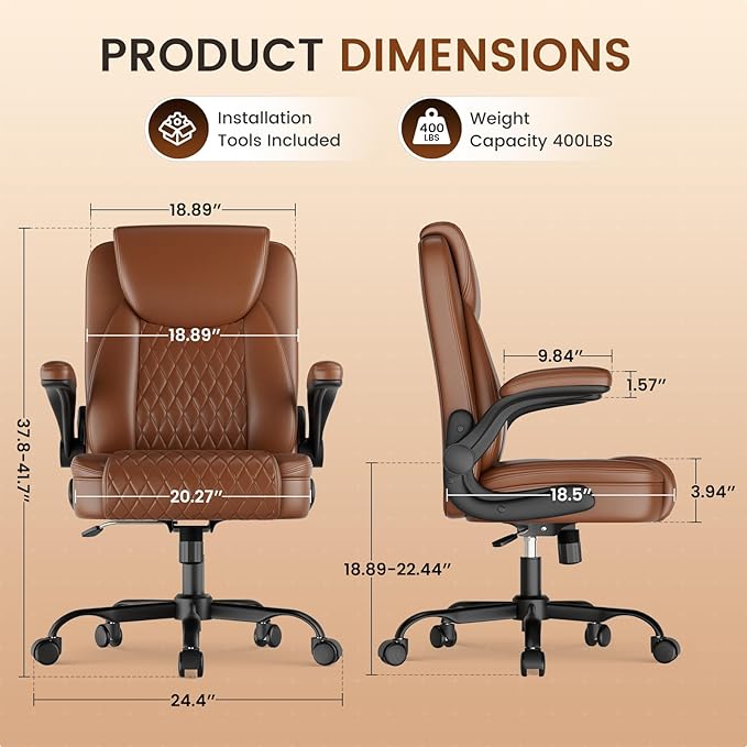GTPLAYER Leather Office Chair, Home Desk Chair with Flip-up Arms and Ergonomic Back - Comfy Heavy Duty Executive Chair for Home Office Gaming, Brown