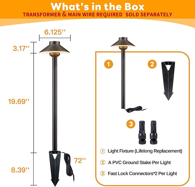 Gardenreet Brass Low Voltage Pathway Lights - 12V Landscape Path Lights Wired, LED Walkway Light Waterproof IP65, Hat Shaped ‎Classic Bronze for Outdoor Entrance Garden G4 Bulb Not Included (6 Pack)