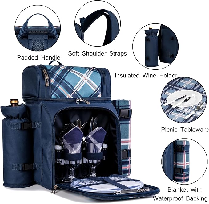 ALLCAMP 2-Person Picnic Backpack with Insulated Cooler, Detachable Wine Holder, Fleece Blanket & Full Picnic Set for Outdoor, Family, Couples (Blue)
