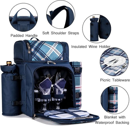 ALLCAMP 2-Person Picnic Backpack with Insulated Cooler, Detachable Wine Holder, Fleece Blanket & Full Picnic Set for Outdoor, Family, Couples (Blue)