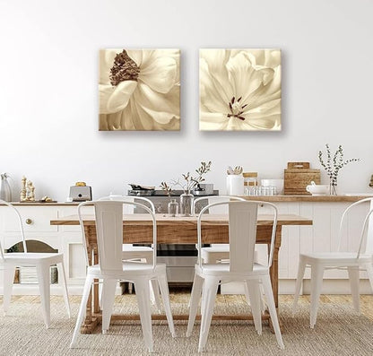 SEVEN WALL ARTS Flower Canvas Wall Art 2 Pieces Neutral Beige Floral Pictures Elegant Blossom Flowers Poster Print for Living Room Bedroom Office Boho Decor 24"x24"