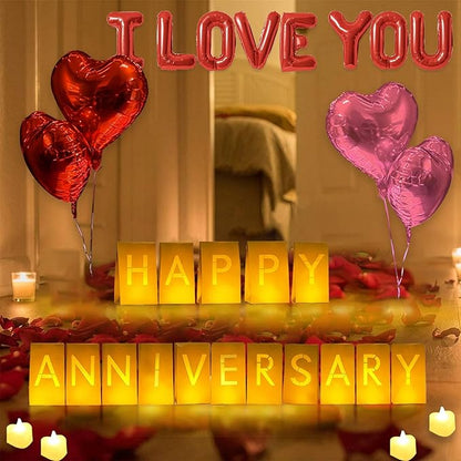 Happy Anniversary Lighted Letters Sign 16pcs Luminary Paper Bags 2000pcs Red Pink Rose Petals 48pcs Flameless LED Candle Tealight 10pcs Heart Balloons Romantic Night Valentine's Day Decorations