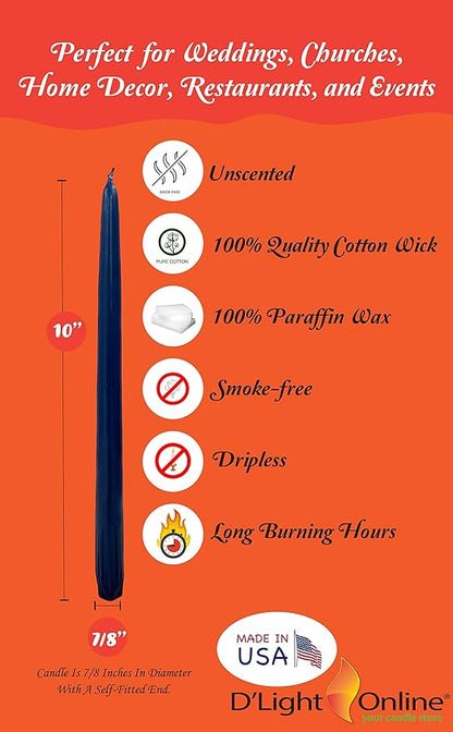 D'light Online Elegant 10" Unscented Cobalt Blue Taper Candles, Premium Quality Hand-Dipped Tapered Candles, Dripless and Smokeless - Set of 12 Individually Wrapped (10 Inch, Cobalt Blue)