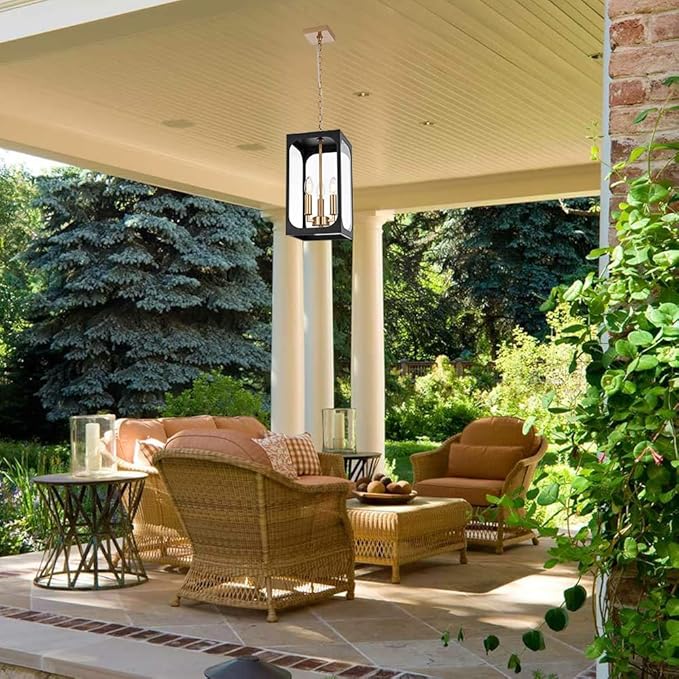 BONLICHT Black Outdoor Pendant Light Fixture 3 Light Modern Outdoor Chandelier with Clear Glass,Brushed Brass Outside Porch Lights Ceiling Hanging Exterior Pendant Lighting Fixture for Gazebo Foyer