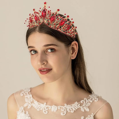 COCIDE Gold Queen Crown for Women Baroque Princess Red Tiara for Girls Crystal Pearl Mermaid Rhinestones Hair Accessories for Bride Birthday Party Bridesmaids Halloween Costume Cosplay
