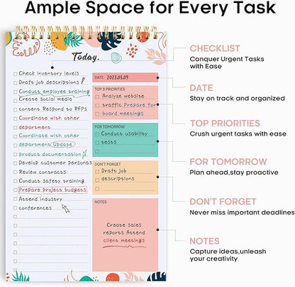 Taja To Do List Notepad - To Do List Notebook for Work with 52 Sheets, 9.8" x 6.5", Undated Daily Planner Perfect for Daily Tasks and Goal Setting, Notepad Suitable for Office, Home & School - Blossom Grove