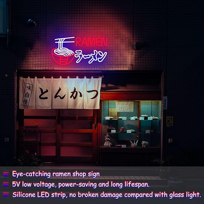 Ramen Neon Sign Japanese Noodles Neon Light for Wall Decor Dimmable LED Ramen Light Up Signs USB Powered Food Shop Neon Signs for Restaurant Store Kitchen Home Bar Dinning Room Christmas