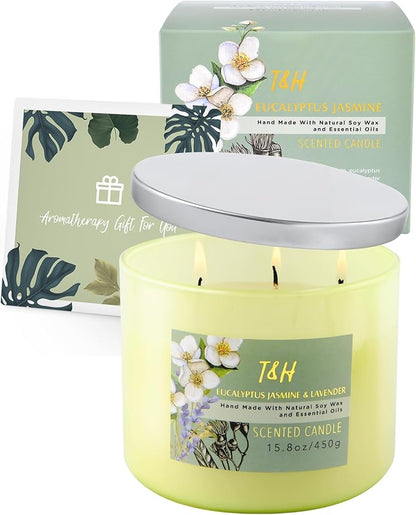T&H Eucalyptus Jasmine Lavender 3-Wick Soy Candle 15.8 oz | Large Lavender Woods Scented Candle for Home | Aromatherapy Stress Relief Candle for Men & Women | Highly Scented, Long-Lasting Clean Burn