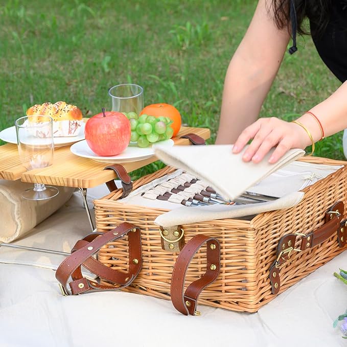 Multifunctional Wicker Picnic Basket Set for 4 with Blanket and Picnic Table, Insulated Picnic Set with Full Tablewares for Camping Outdoor Couples,Natural