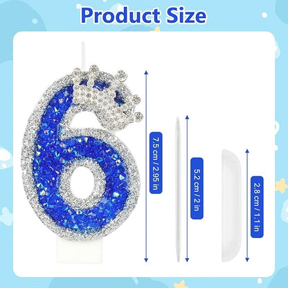 Blue Birthday Candle Crown Number 6 Candle with Sequins Cake Candles Cupcake Decorations Party Decor for Anniversary Celebrations Supplies