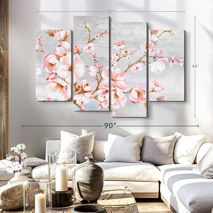 Elephant Stock Spring Cherry Blossoms Wall Art - Horizontal Canvas - 4-Piece Living Room Wall Decor - Painting Floral and Botanical Canvas Print - Pink and Brown Decor for Wall by Eva Watts - 75" X 48"