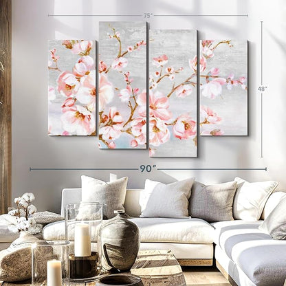 Elephant Stock Spring Cherry Blossoms Wall Art - Horizontal Canvas - 4-Piece Living Room Wall Decor - Painting Floral and Botanical Canvas Print - Pink and Brown Decor for Wall by Eva Watts - 75" X 48"