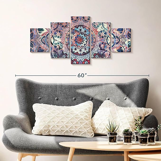 ElephantStock - Mandala Enchantment Wall Art - Horizontal Multi Panel Canvas - 5 Piece Living Room Wall Decor - Digital Art Elements Multi Piece Wall Art - Blue And Beige Decor - 42" x 19"