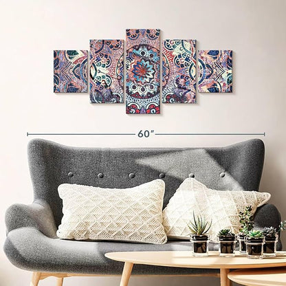 ElephantStock - Mandala Enchantment Wall Art - Horizontal Multi Panel Canvas - 5 Piece Living Room Wall Decor - Digital Art Elements Multi Piece Wall Art - Blue And Beige Decor - 42" x 19"