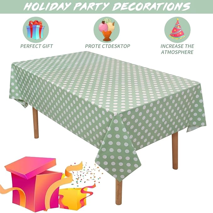 Kesfey 3 Pack Sage Green Polka Do Table Cloths 54 x 108 Inch Sage Green and White Dots Tablecloth Disposable Plastic Sage Green Tablecover Waterproof Rectangle Picnic Table Covers for Birthday Party