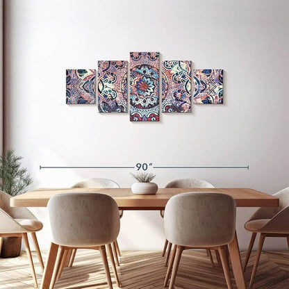 ElephantStock - Mandala Enchantment Wall Art - Horizontal Multi Panel Canvas - 5 Piece Living Room Wall Decor - Digital Art Elements Multi Piece Wall Art - Blue And Beige Decor - 68" x 30"