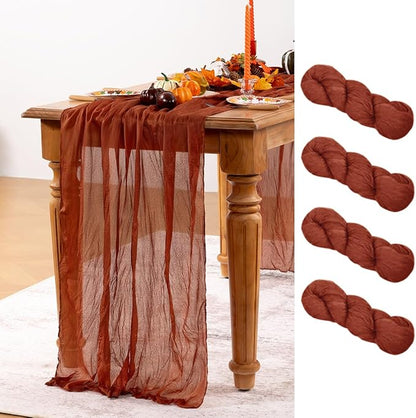 Terracotta Cheesecloth Table Runner Burnt Orange 4 Pack Christmas Table Runners 120 Inches Rust Cheese Cloth Table Decor for Xmas Holiday Season Parties Wedding Bridal Baby Shower Party
