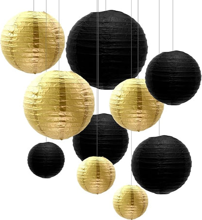 ZOOYOO 10pcs Paper Lanterns,Black Gold Round Hanging Paper Lanterns Decorations for Graduation,Anniversary,New Year,Farewell,Retirement,Birthday Party,Graden Decor