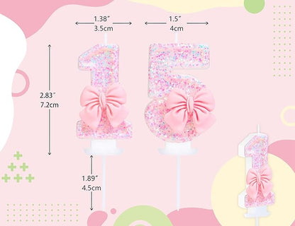 Number 15 Candle Pink Sequins and Bowtie 15th Cake Topper, 15 Birthday Candle for Girls Pastel Sweet Theme Birthday Party or Adults Milestone Age Decoration