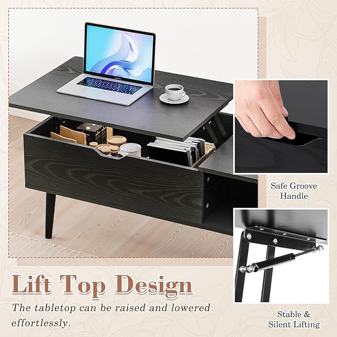 OLIXIS Wood Lift Top Coffee Table with Hidden Compartment and Large Storage Shelf, Lift Tabletop Dining Center Table for Home Living Room Office, Black
