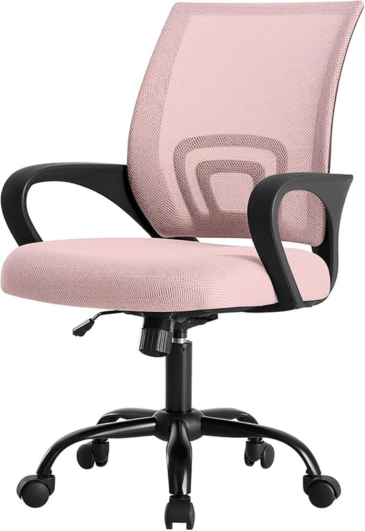 DUMOS Home Office Chair - Ergonomic Mid Back Mesh Desk Chair with Lumbar Support & Rocking Mode, Height Adjustable with Fixed Armrest, for Computer, Gaming, Meeting, Pink, 2 Pack