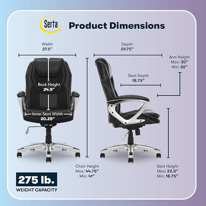 Serta Amplify Executive Office Chair with Faux Leather and Mesh, Adjustable Ergonomic Comfy Seat with Lumbar Support, Modern Computer DeskChairs, Swivel Rolling Wheels, Black