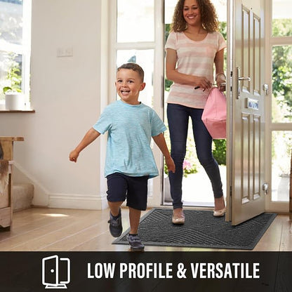 Sturdy Front Door Mat, Absorbent Muddy Dirt Resist Welcome Door Mats Outdoor Indoor, Stain and Fade Resistant, Non-Slip Backing Entry Mat Low Profile Doormat for Entryway, 47×32, Grey