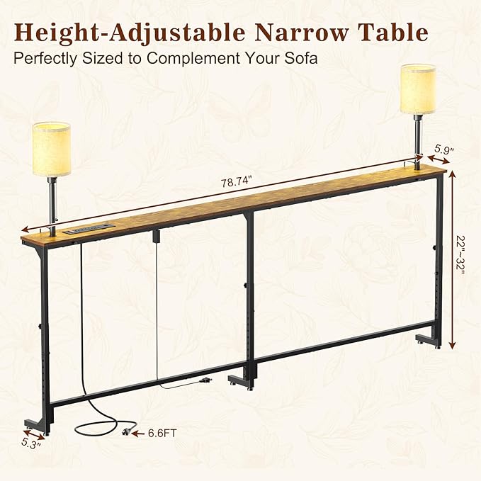 keomaisyto 78.8" Long Sofa Table with Lights & Charging Station - 4 AC outlets, 22"-32" Height Adjustable Behind Couch Console Table, Narrow Console Table, Slim Design for Living Room, Rustic Brown